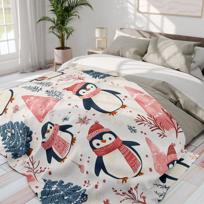 Christmas Trees and Penguins Holiday Cheer - Arctic Fleece Blanket